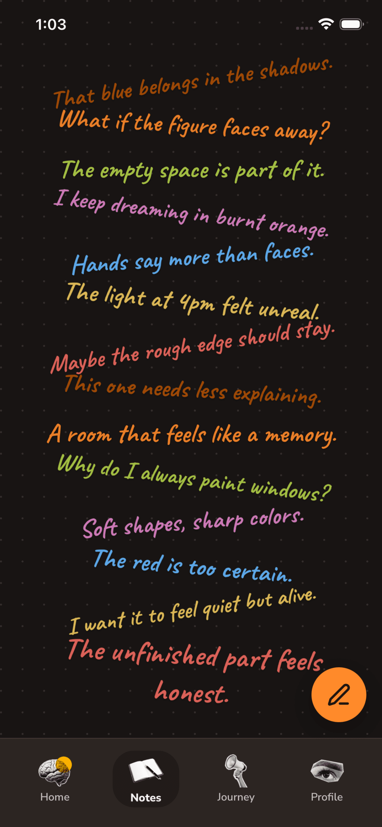 BrainMaxx brain dump with colorful handwritten thoughts on a dark dotted background.